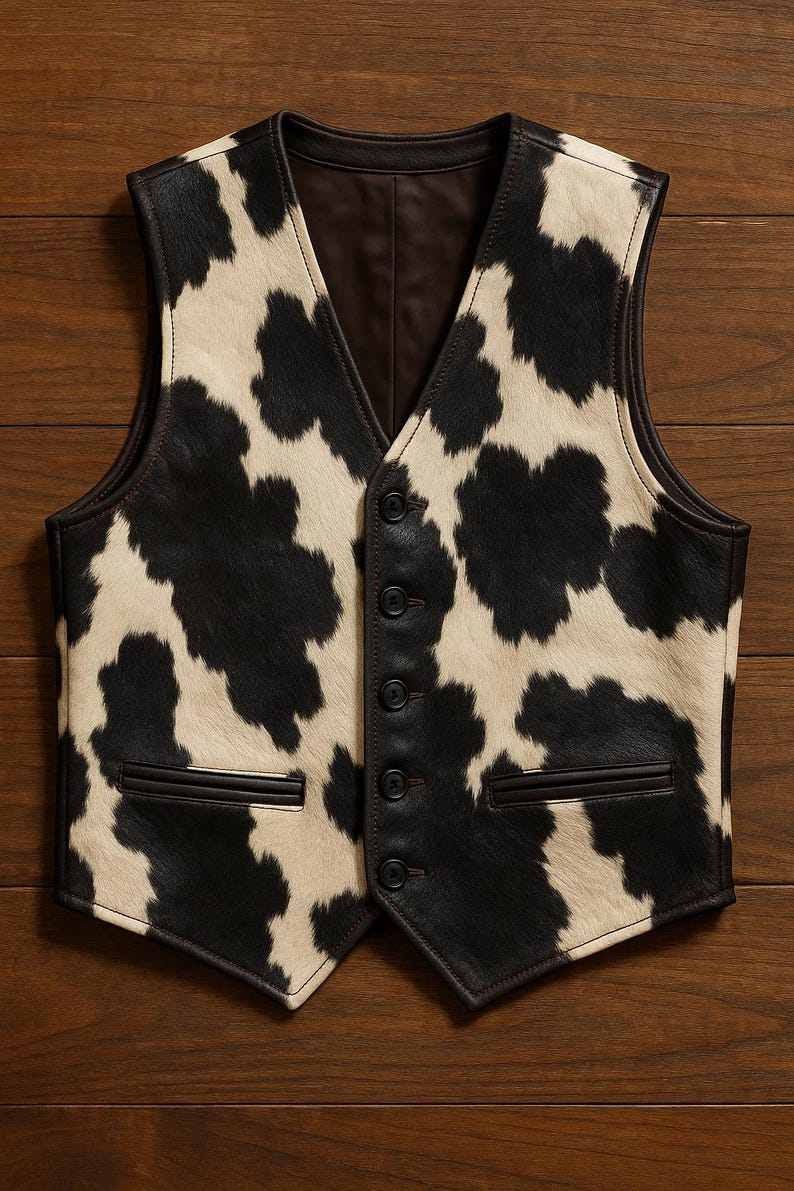 May include: A sleeveless vest featuring a black and white cow print pattern on the front. The garment has a V-neckline, five dark buttons down the center, and two horizontal welt pockets. The edges are trimmed with dark brown leather piping.