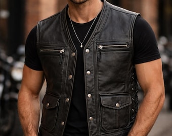 Mens Leather Vest Black & Brown | Genuine Sheep Leather Biker Vest | Vintage Motorcycle Waistcoat | Handmade Casual Slim Fit Vest for Men