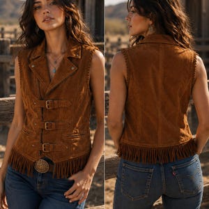 Op de afbeelding: Een bruin su&egrave;de vest met een kraag, drie gespsluitingen en franjes. Het vest heeft een western-ge&iuml;nspireerd ontwerp en wordt gecombineerd met een blauwe jeans. Een decoratieve gesp is zichtbaar.