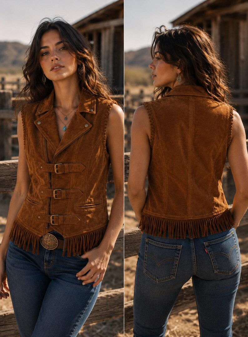 Op de afbeelding: Een bruin su&egrave;de vest met een kraag, drie gespsluitingen en franjes. Het vest heeft een western-ge&iuml;nspireerd ontwerp en wordt gecombineerd met een blauwe jeans. Een decoratieve gesp is zichtbaar.