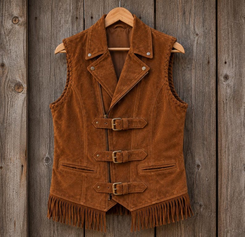 Op de afbeelding: Een bruin su&egrave;de vest met een bikerjack-ontwerp. Het vest heeft een reverskraag, een asymmetrische ritssluiting, drie gespriemen en franjes aan de onderkant. Het hangt aan een houten hanger tegen een houten achtergrond.