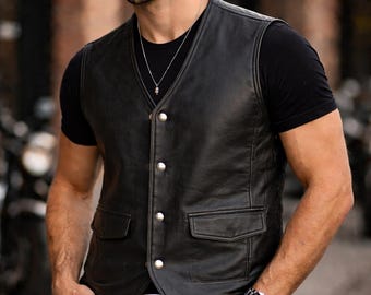 Handmade Vintage Brown Leather Vest - Western Biker Style