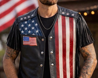 Men's Handmade Leather American Flag Fringe Vest, Biker Western Style