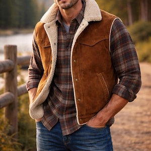 May include: A brown suede vest with a cream shearling collar and lining. The vest is worn over a plaid shirt and blue jeans. The outfit is suitable for outdoor activities.