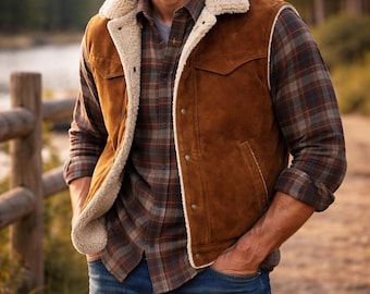 Handmade Shearling Lined Suede Vest | Men's Winter Sleeveless Jacket