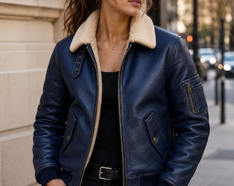 Chaqueta bomber de piel de oveja para mujer, chaqueta de aviador de piel sintética, chaqueta de invierno hecha a mano para mujer.
