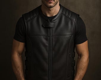 Men’s Leather Motorcycle Vest – Biker Club Style, Adjustable Buckle
