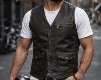 Handmade Vintage Brown Leather Vest - Western Biker Style