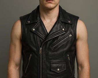 Handmade Brown Cowhide Leather Biker Vest | Rocker Moto Waistcoat