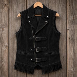 Op de afbeelding: Zwarte su&egrave;de vest met een klassiek bikerjack-ontwerp. Voorzien van een reverskraag, asymmetrische ritssluiting, drie gespsluitingen en franjes aan de zoom. Het vest hangt aan een houten kleerhanger tegen een houten achtergrond.