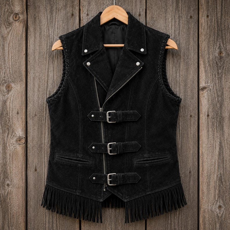 Op de afbeelding: Zwarte su&egrave;de vest met een klassiek bikerjack-ontwerp. Voorzien van een reverskraag, asymmetrische ritssluiting, drie gespsluitingen en franjes aan de zoom. Het vest hangt aan een houten kleerhanger tegen een houten achtergrond.