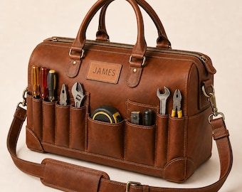 Bolsa de herramientas de cuero hecha a mano / Bolsa de herramientas de cuero para carpintero con correa para el hombro / Organizador de herramientas para electricista / Portaherramientas de cuero personalizado