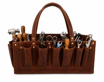 Bolsa de herramientas de cuero Crazy Horse hecha a mano / Bolsa de herramientas de cuero para carpinteros / Organizador de herramientas para electricistas / Portaherramientas de cuero personalizado