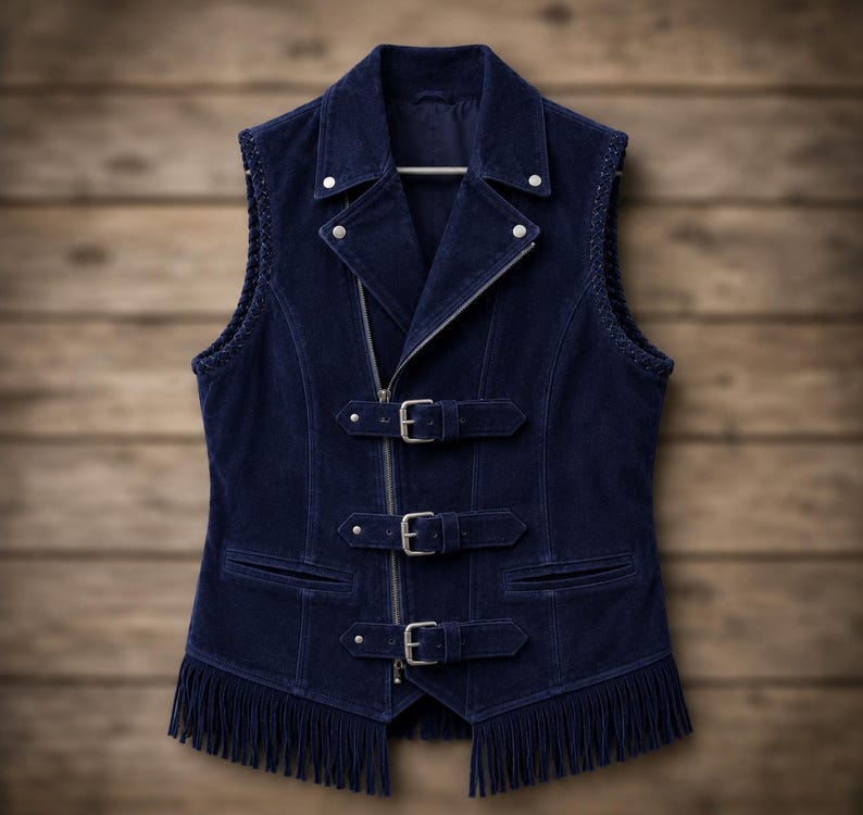 Op de afbeelding: Een marineblauwe su&egrave;de vest met een reverskraag, zilveren rits en drie gespsluitingen. Het vest heeft franjes aan de onderkant en decoratieve stiksels aan de zijkanten.