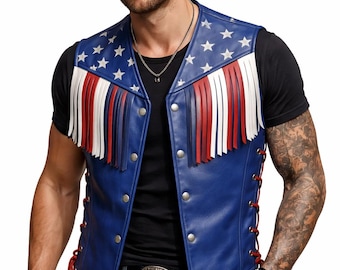 Men's Patriotic Leather Vest, American Flag Fringe Biker Style, Handmade Western Waistcoat