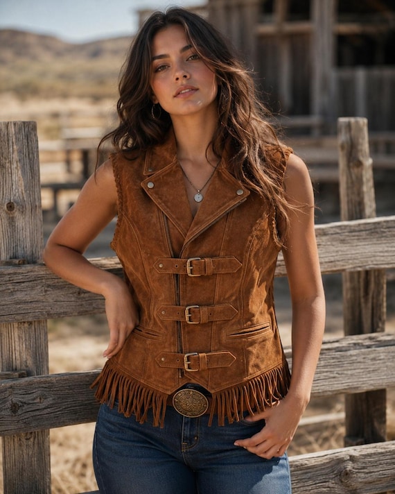 Handmade Women’s Western Fringe Leather Vest – Suede Leather Biker Waistcoat with Buckles – Cowgirl Suede Vest – Brown Black Navy XS-6XL