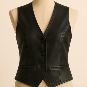 May include: A black sleeveless vest made of a smooth, leather-like material. The garment features a V-neckline, a front button closure with three matching black buttons, and two horizontal welt pockets positioned at the lower front section.