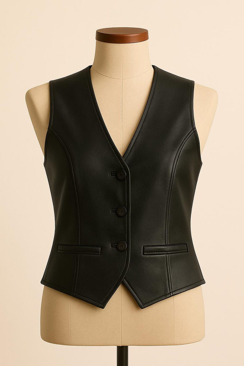 May include: A black sleeveless vest made of a smooth, leather-like material. The garment features a V-neckline, a front button closure with three matching black buttons, and two horizontal welt pockets positioned at the lower front section.