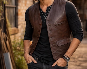 Handmade Genuine Leather Vest - Classic Biker Waistcoat