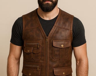 Vintage Leather Utility Vest for Men – Multi Pocket Adventure Vest – Steampunk Style Waistcoat
