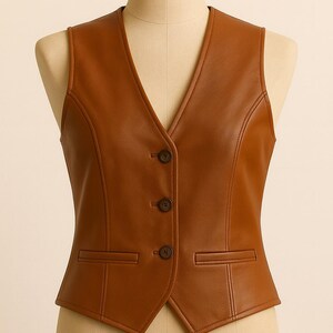 May include: A sleeveless vest in a rich cognac brown color, featuring a V-neckline, a three-button front closure, and two horizontal welt pockets at the waist. The garment is displayed on a mannequin, showcasing its tailored fit and smooth texture.