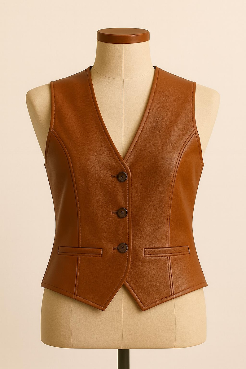 May include: A sleeveless vest in a rich cognac brown color, featuring a V-neckline, a three-button front closure, and two horizontal welt pockets at the waist. The garment is displayed on a mannequin, showcasing its tailored fit and smooth texture.