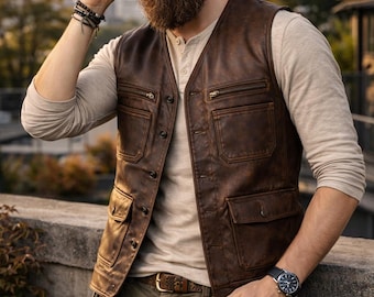 Handmade Vintage Leather Vest for Men – Western Biker Style, Distressed Soft Leather Waistcoat