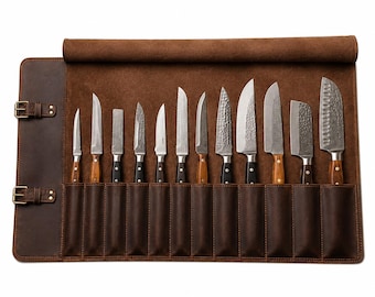 Estuche enrollable de cuero para cuchillos de chef / Bolsa para cuchillos de cuero de grano completo hecha a mano / Organizador profesional de cuchillos de chef / Estuche con 10, 12 o 14 ranuras