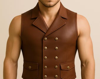 Handmade Double-Breasted Leather Vest | Steampunk Waistcoat