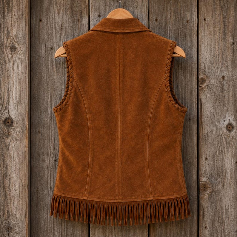 Op de afbeelding: Een bruin su&egrave;de vest met een kraag en franjes langs de zoom. Het vest hangt aan een houten hanger tegen een houten achtergrond. Het vest heeft gevlochten sierranden langs de armsgaten.