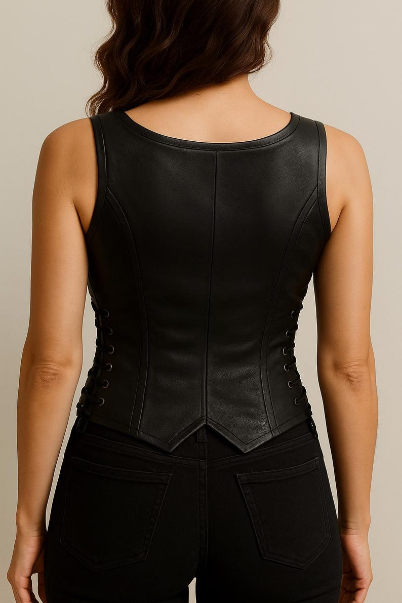 May include: A black sleeveless vest made of a smooth material, featuring a scoop neckline and a pointed hemline at the waist. The sides of the vest are detailed with black lace-up closures that include metal eyelets and black cord lacing.