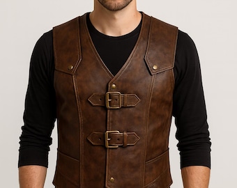 Men's Steampunk Faux Leather Buckle Vest | Cosplay Waistcoat