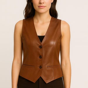 May include: A sleeveless brown vest made of a smooth, leather-like material. The vest features a V-neckline, a three-button front closure with dark brown buttons, and two horizontal welt pockets at the waist with stitched detailing.