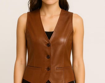 Handmade Women's Leather Vest | Western Biker Chic Waistcoat