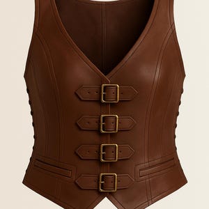 May include: A sleeveless brown vest featuring a V-neckline and four horizontal straps across the front, each secured with a rectangular brass-toned metal buckle. The garment includes two horizontal welt pockets and side panels with button details.