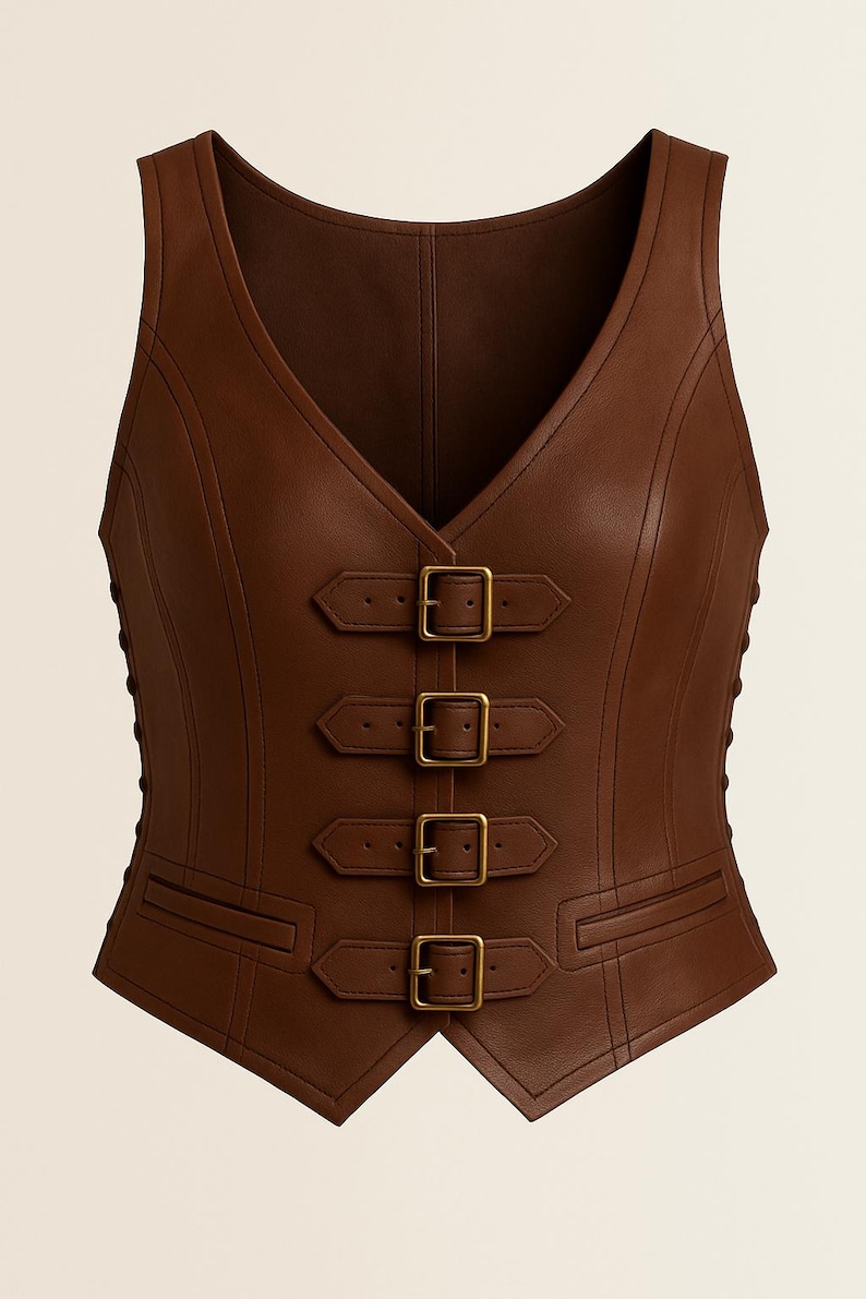 May include: A sleeveless brown vest featuring a V-neckline and four horizontal straps across the front, each secured with a rectangular brass-toned metal buckle. The garment includes two horizontal welt pockets and side panels with button details.