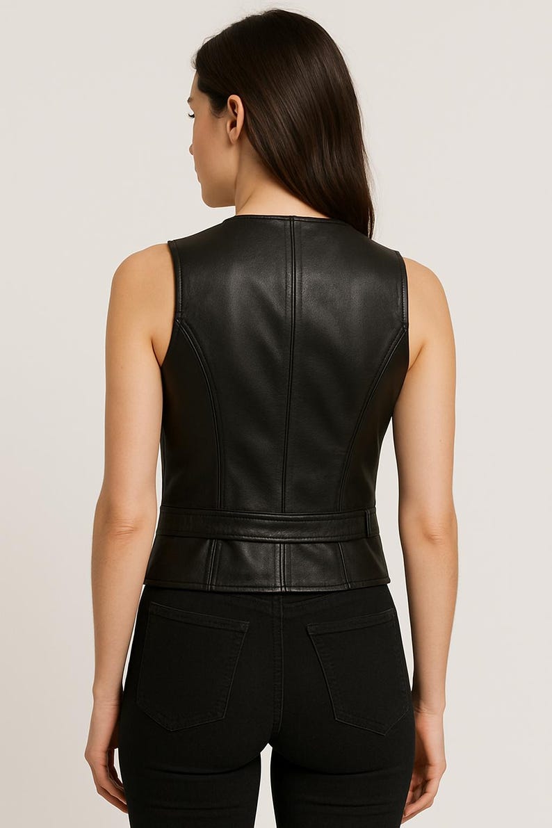 May include: A sleeveless black leather vest featuring a round neckline, vertical seam detailing, and a horizontal waistband panel at the lower back. The garment is constructed with smooth, matte-finish leather panels and is worn over black pants.