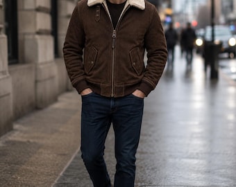 Chaqueta bomber de ante y borrego para hombre / Piel de oveja auténtica / Chaqueta aviador de borrego sintético / Abrigo de invierno