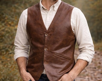 Handmade Vintage Leather Vest for Men V-Neck Western Biker Style, Distressed Soft Leather Waistcoat