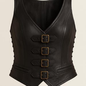May include: A sleeveless black vest featuring a V-neckline and four horizontal straps across the front, each secured with a rectangular antique brass buckle. The garment includes side lacing details and two small horizontal welt pockets at the waist.