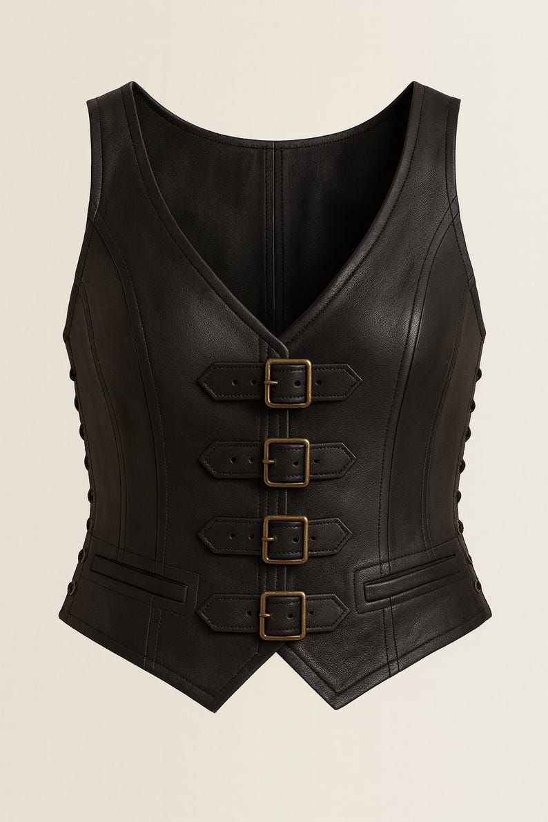 May include: A sleeveless black vest featuring a V-neckline and four horizontal straps across the front, each secured with a rectangular antique brass buckle. The garment includes side lacing details and two small horizontal welt pockets at the waist.