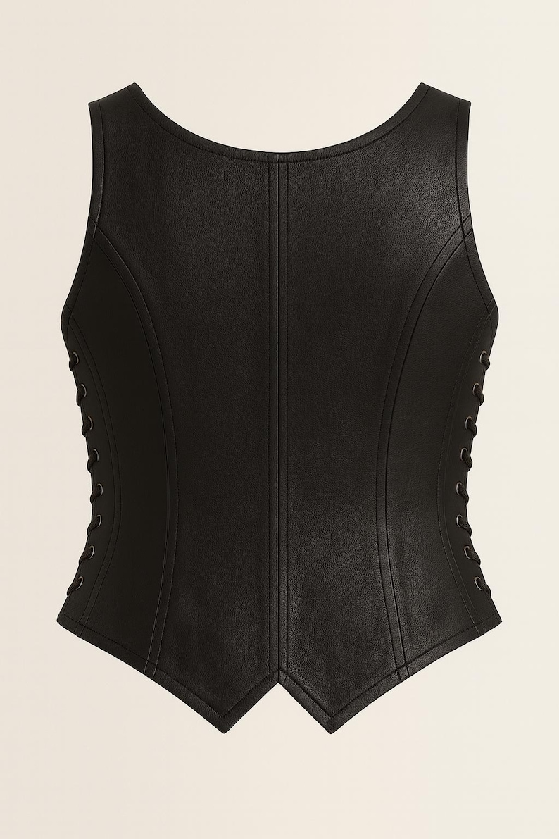 May include: A sleeveless black corset top featuring a structured bodice with vertical seam detailing and side panels with black lace-up grommet closures. The garment has a scoop neckline and a pointed hemline at the front center.