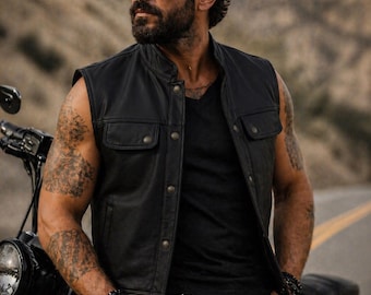 Chaleco de motociclista de piel de oveja auténtica para hombre – Chaqueta de moto estilo western sin mangas