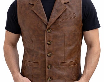 Handmade Vintage Leather Vest for Men – Western Biker Style, Distressed Soft Leather Waistcoat