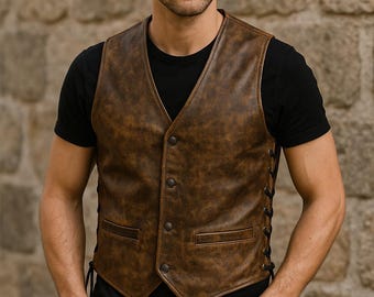 Handmade Vintage Brown Leather Vest - Western Biker Style with Side Laces