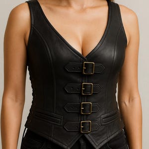 May include: A black leather vest featuring a deep V-neckline and a sleeveless design. The front of the garment is secured with four horizontal straps, each finished with a rectangular antique brass buckle. The vest has structured seams.
