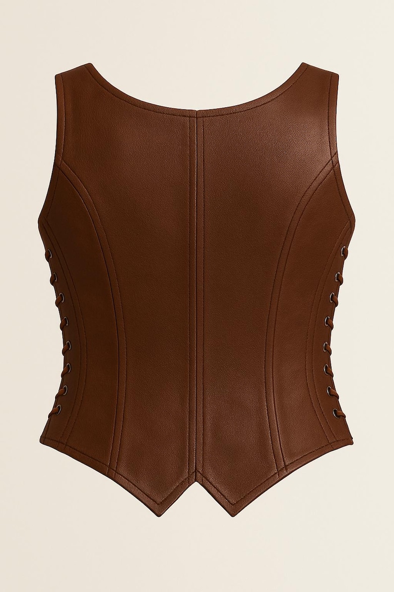 May include: A sleeveless brown corset top featuring a smooth, leather-like finish with vertical seam detailing. The garment includes a scoop neckline and side panels with matching brown lace-up closures, ending in a pointed, V-shaped hemline.