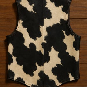 May include: A sleeveless vest featuring a black and cream cow print pattern. The garment is constructed with a central vertical seam and finished with dark brown leather trim along the armholes, neckline, and bottom hem edges.