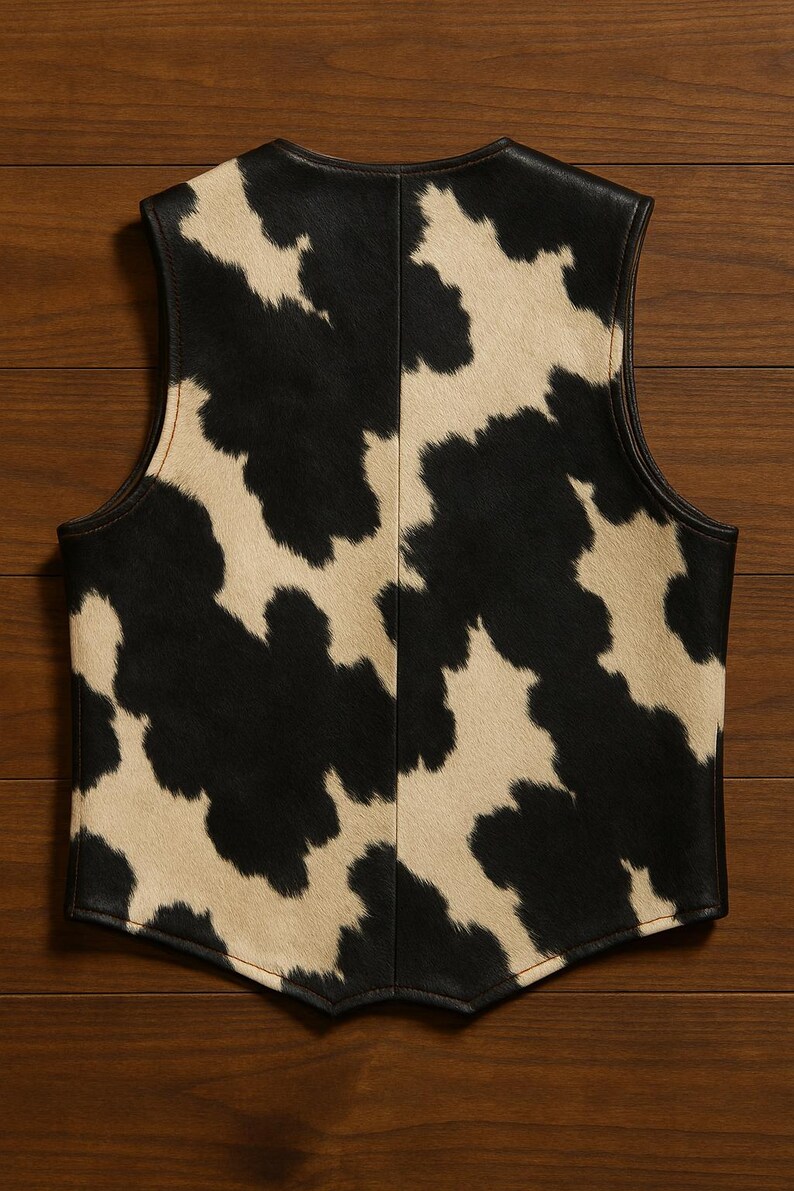 May include: A sleeveless vest featuring a black and cream cow print pattern. The garment is constructed with a central vertical seam and finished with dark brown leather trim along the armholes, neckline, and bottom hem edges.