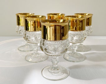 6 Vintage Indiana Glass wine glasses / goblet wine glass set / thumbprint glasses / 23 karat gold mid century glassware / bar cart decor